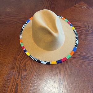 Tan Felt Wide-Brim Fedora with Multicolor Beaded Trim
